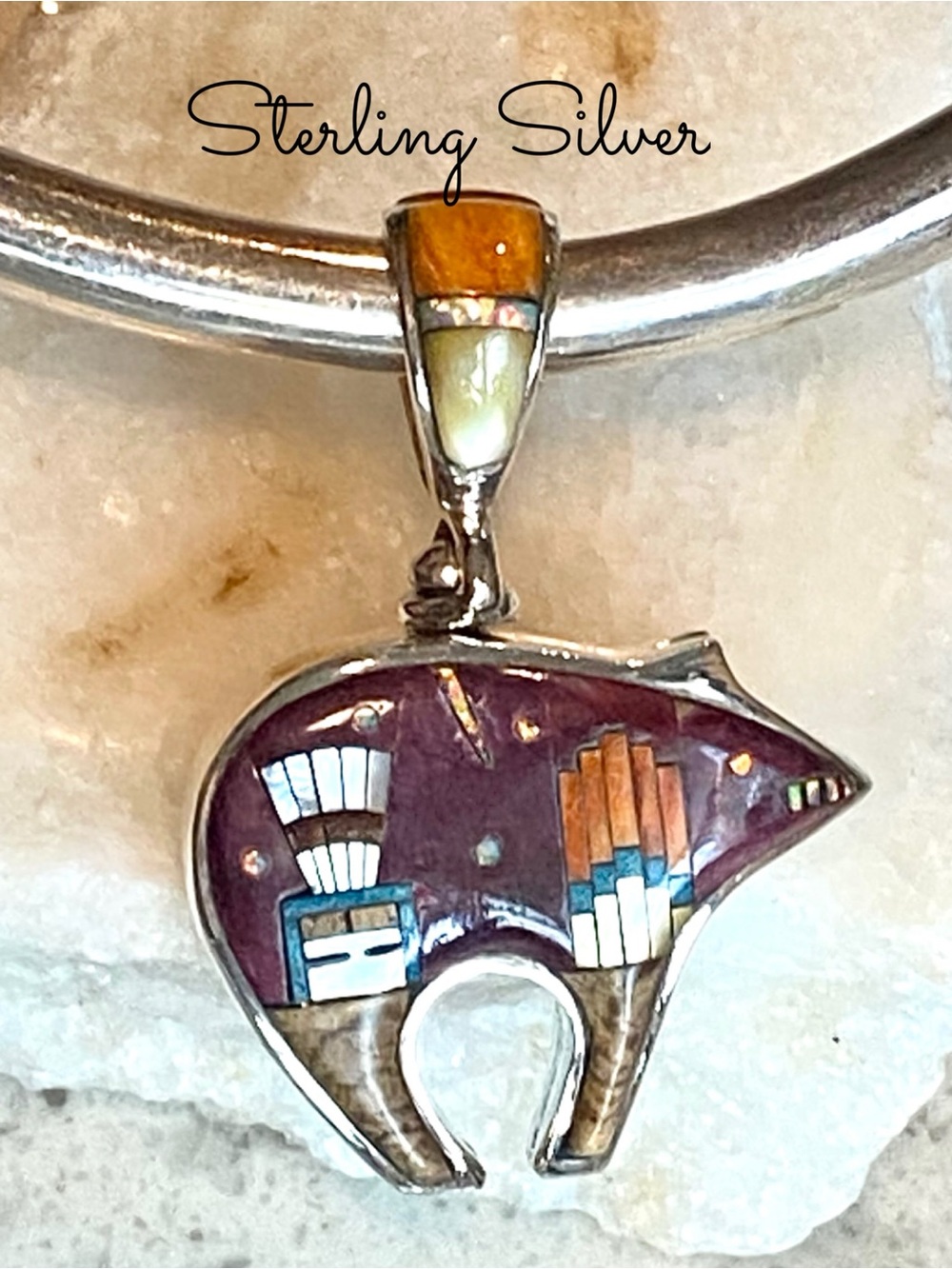 Sterling Silver Micro Inlay Bear Reversible Pendant, Southwestern Style Design - Picture 3 of 11